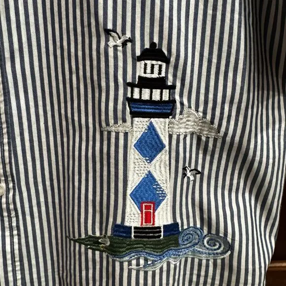 Vintage Blair Women’s Blue Striped Lighthouse Nautical Coastal Beach Top Sz L - Picture 6 of 10